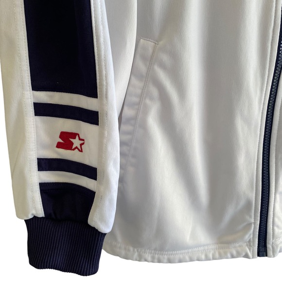 STARTER Men's Size L Jacket Athletic Zip Front White Navy Blue 100% Polyester - Picture 8 of 13